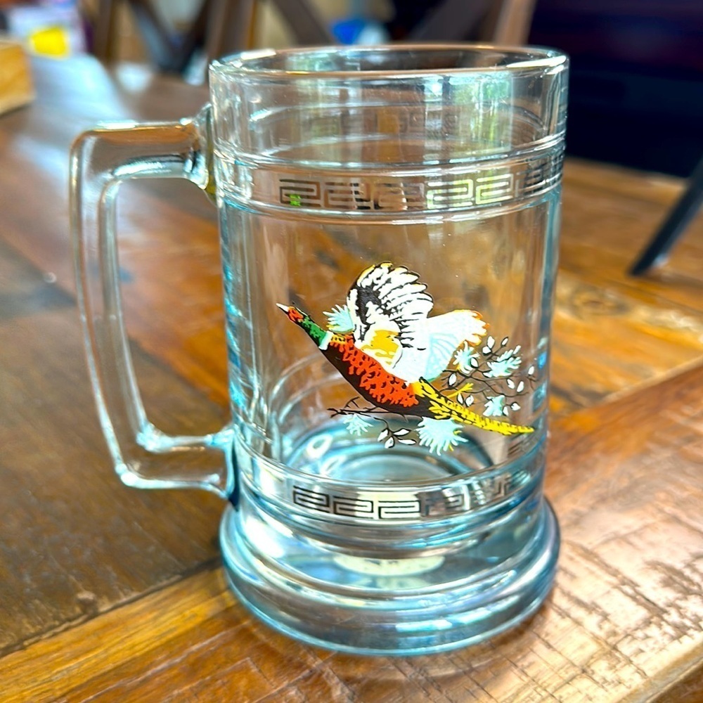Vintage Princess House Stein/mug hunting Pheasant blue Glass 12 OZ